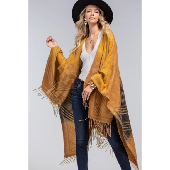 Tuscan Animal Print Color Block Knit Ruana Tassel Fall Winter Casual Wrap - Picture 2 of 7